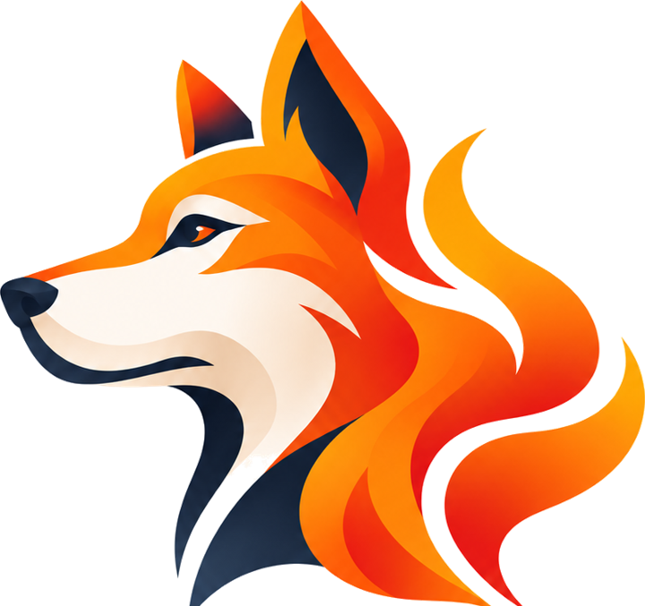 Firedog-Logo: Hundekopf mit flammender Mähne